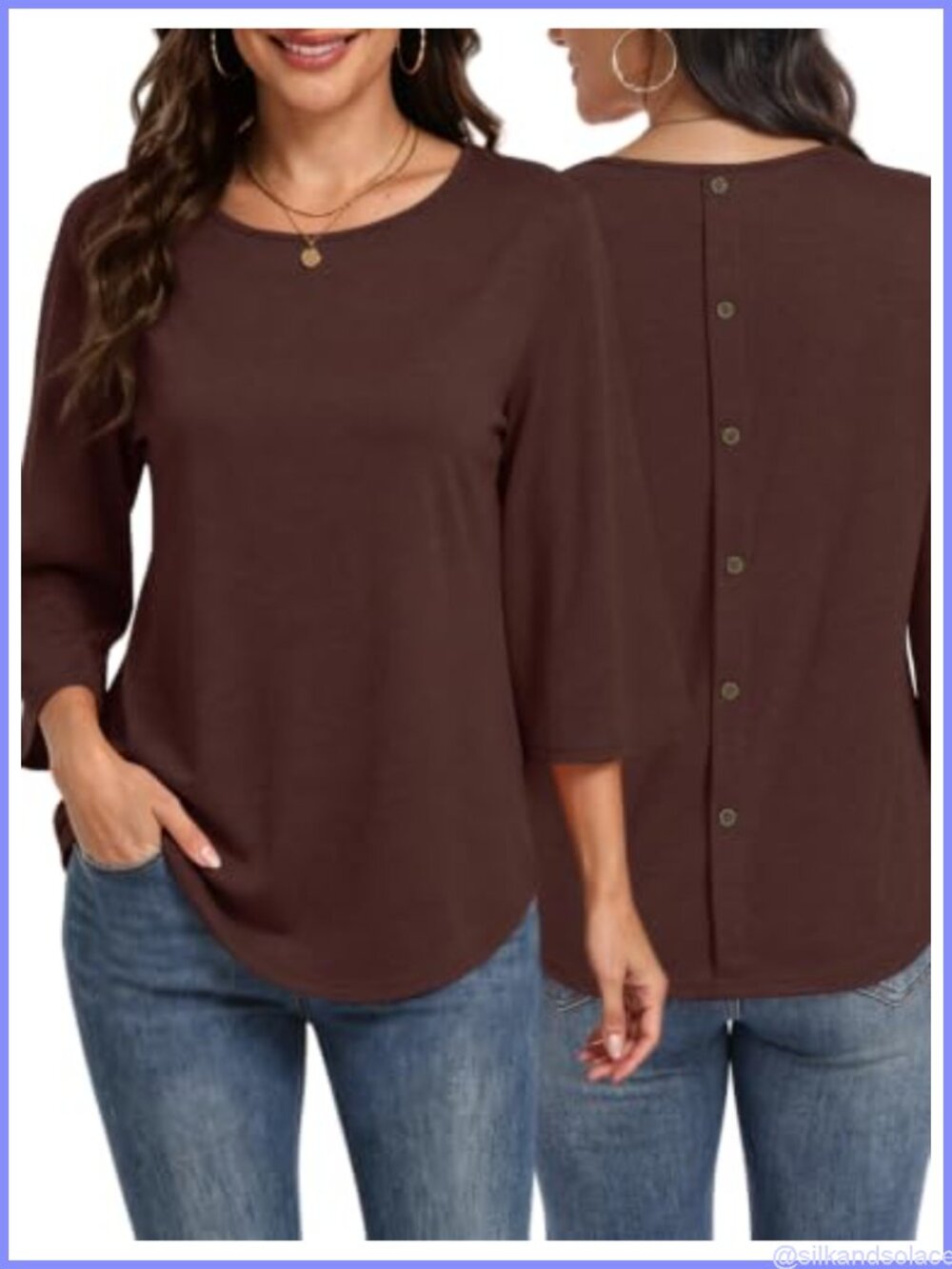 3/4 Sleeve Crew Neck Blouse with Back Button T Shirt Casual Top
